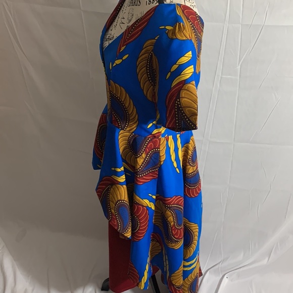 NWOT - EY Studio Royal Blue, Ruby Red & Gold Print African high-low dress. Sz:L - Picture 3 of 9